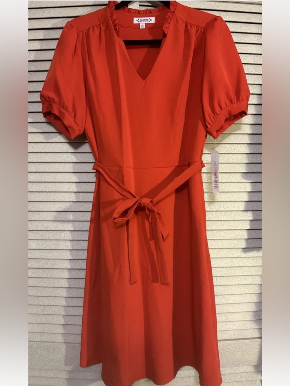 Nanette Lepore Coral-Red V-Neck Midi Dress with Tie Waist